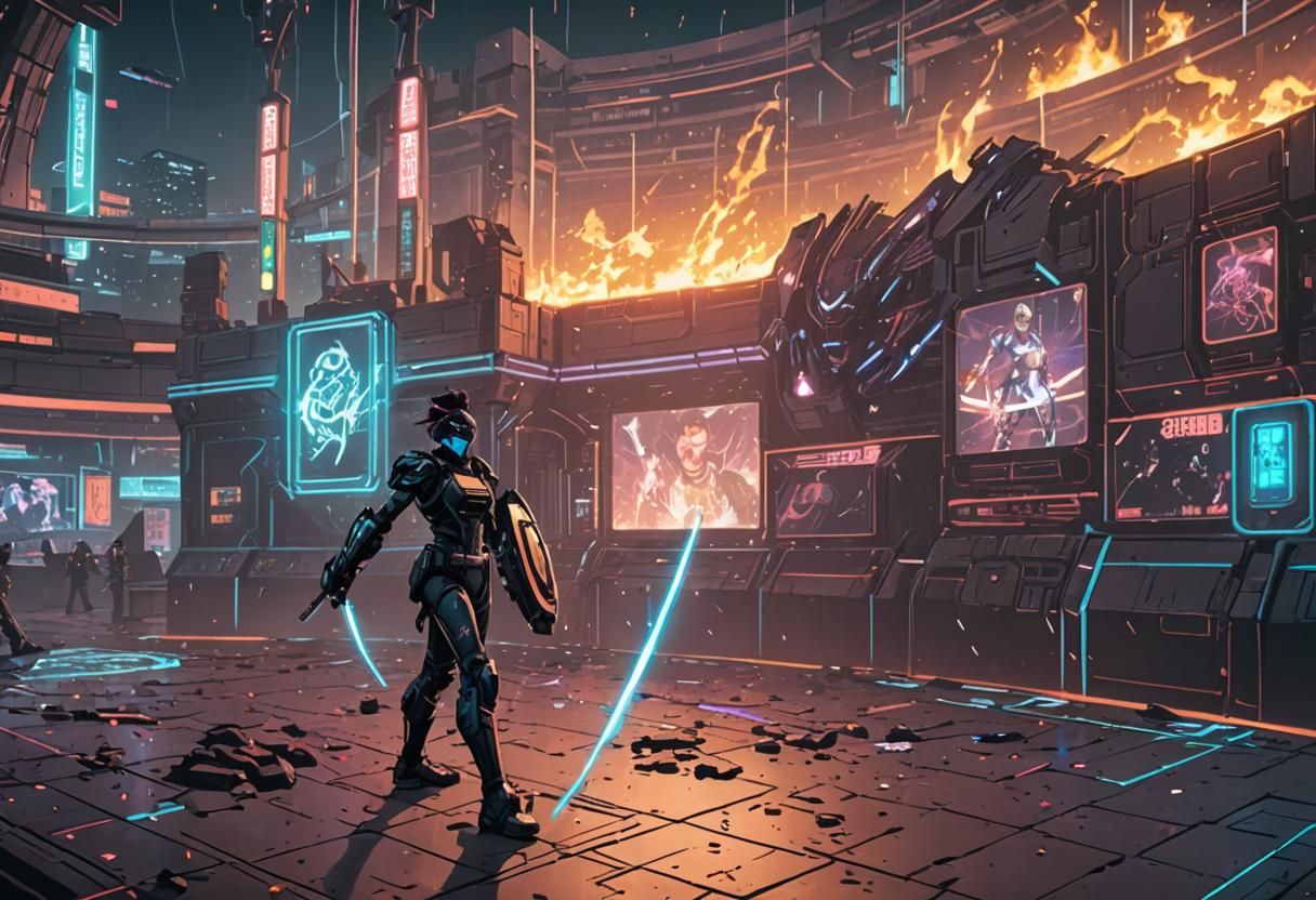 Cyberpunk Duel in Coliseum: Cel-Shaded Anime Style