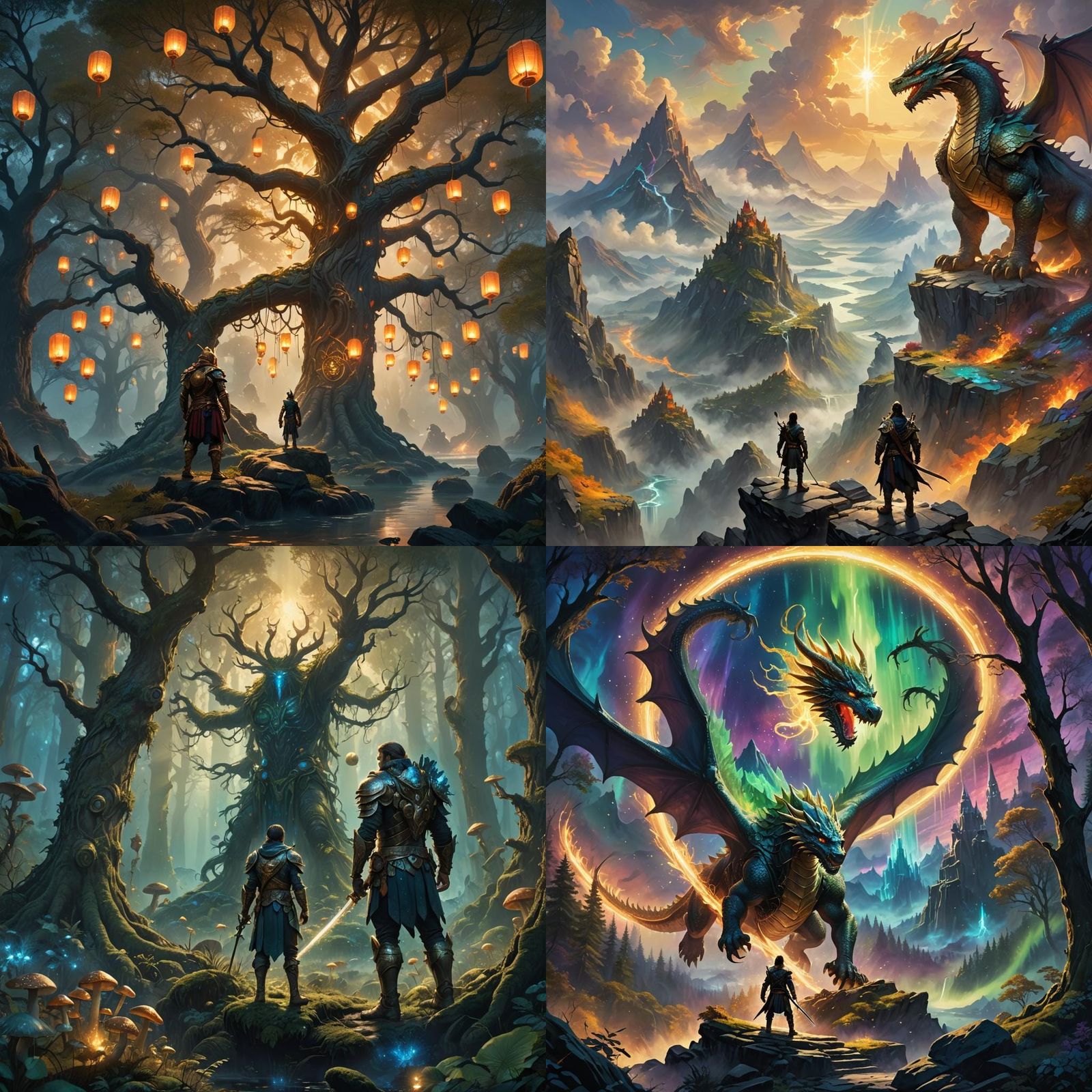 Epic Fantasy Realm with Mythical Creatures in Detailed Paint...