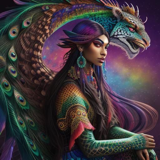 Rainbow Dragon Woman: Cosmic Holographic Illustration