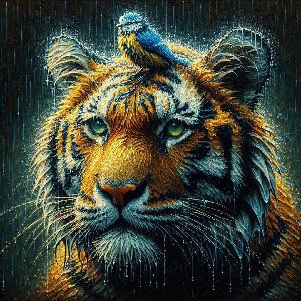 Tiger with Bluebird: Impasto Painting in Rain