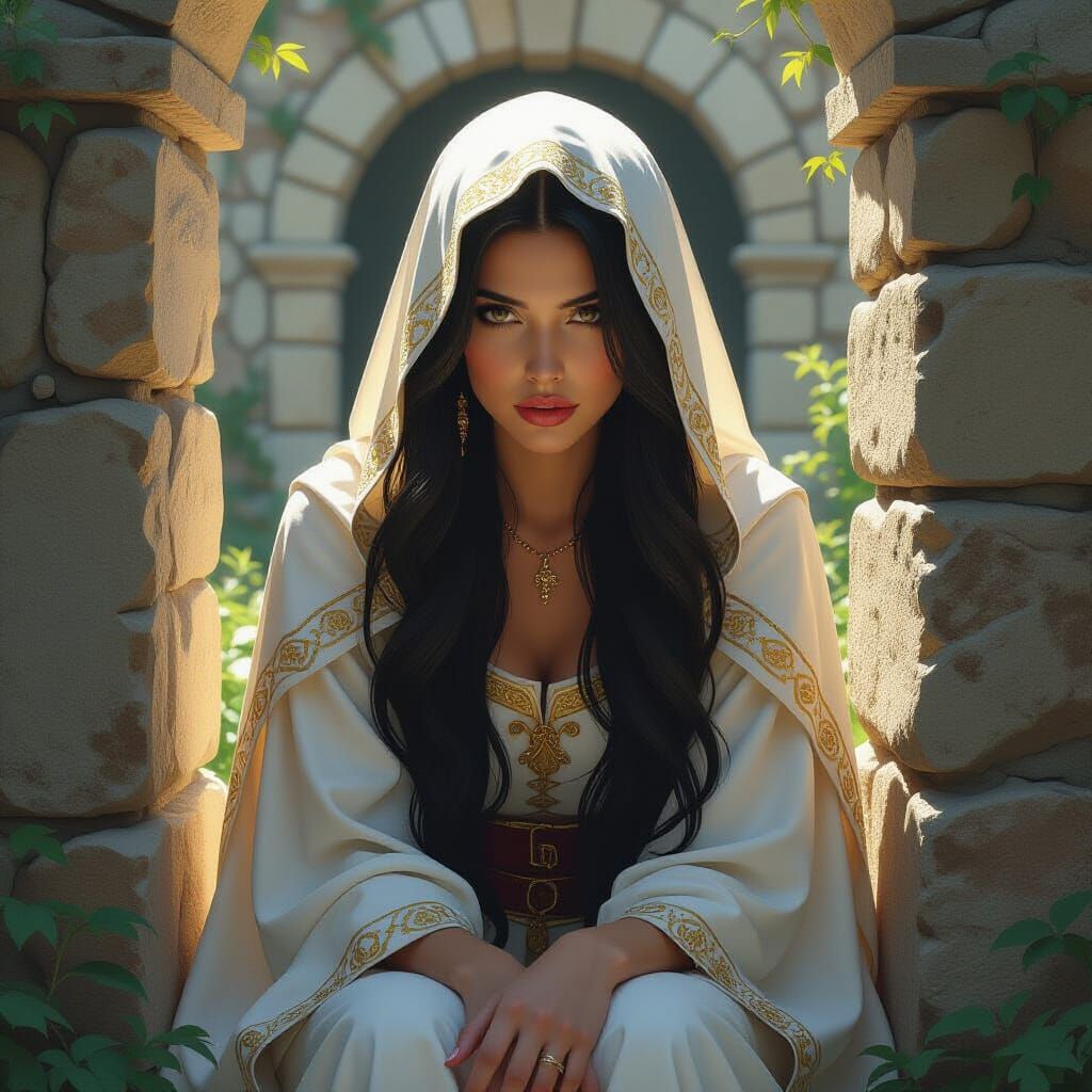 Renaissance Woman in Garden, Detailed Portrait