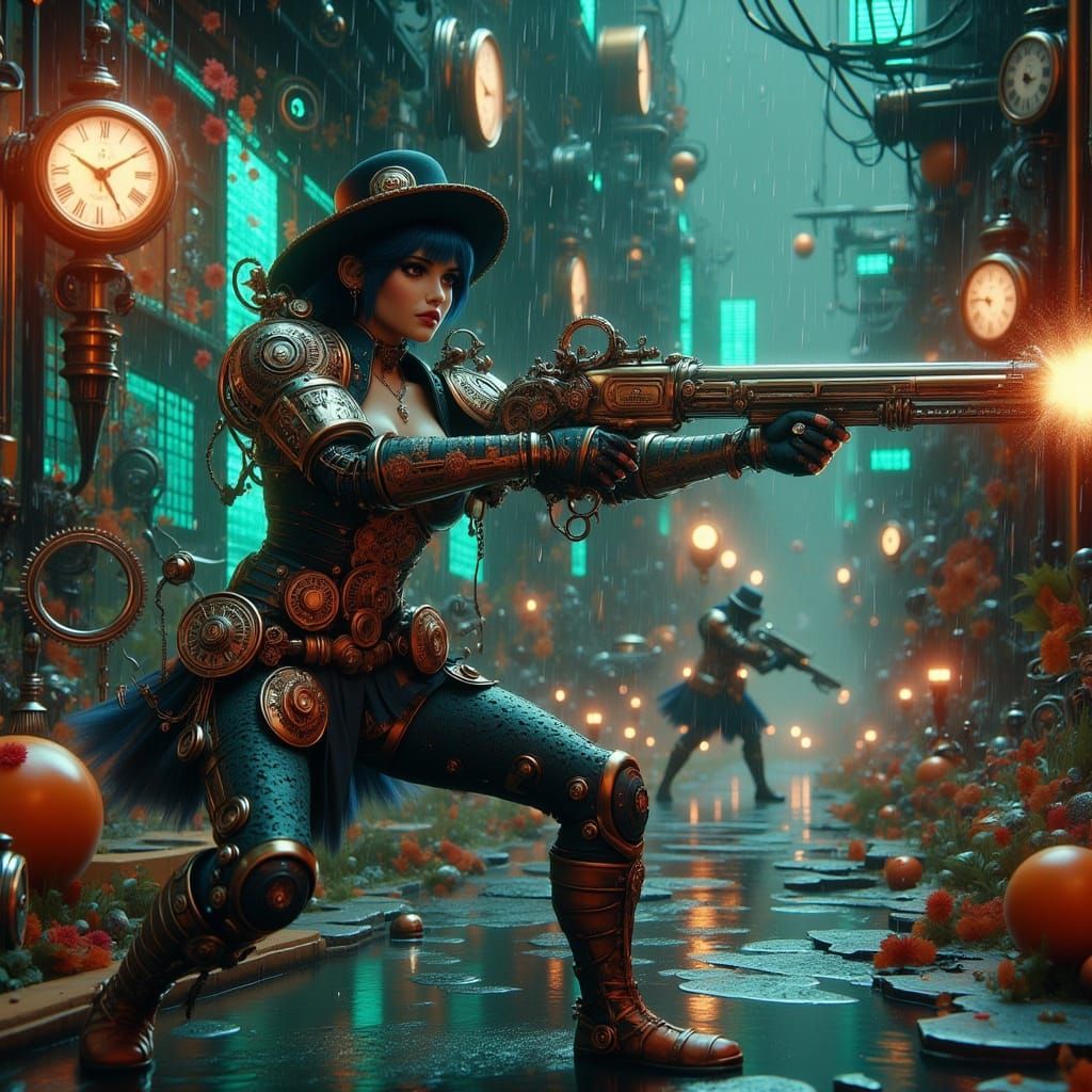 Steampunk Heroine Engages in High-Stakes Gunfight