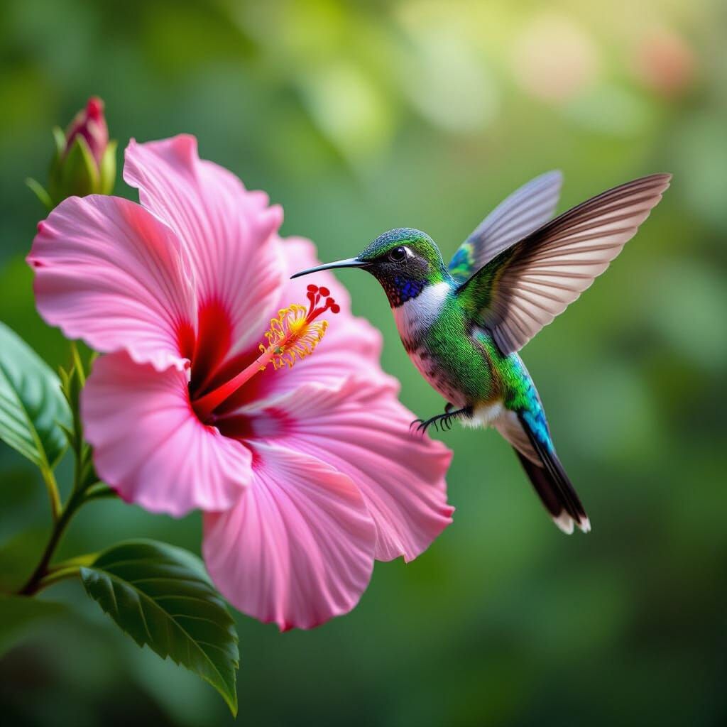 Hummingbird and Hibiscus in Hyperrealistic Detail