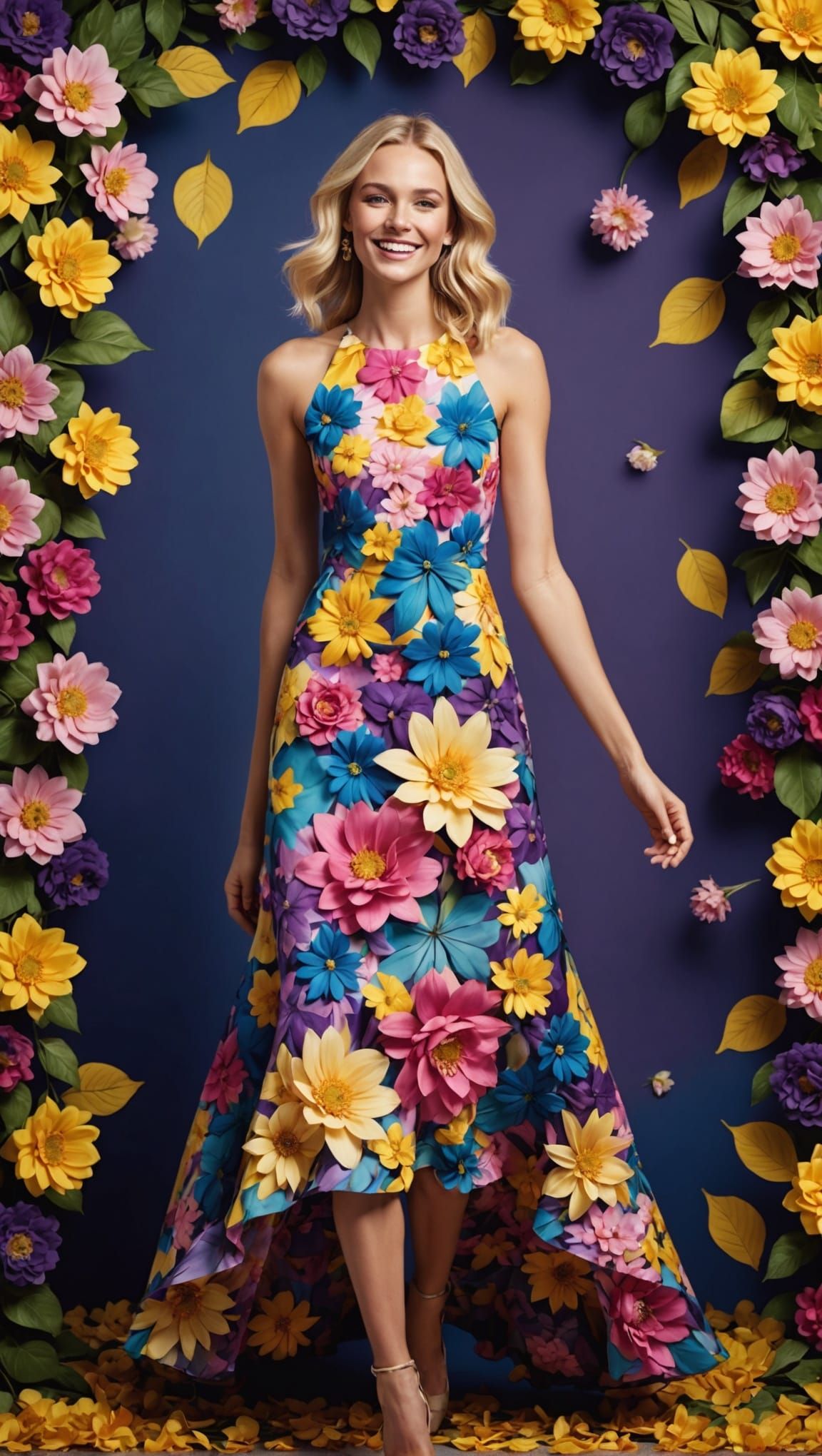 Blonde Model in 3D Floral Dress on Runway