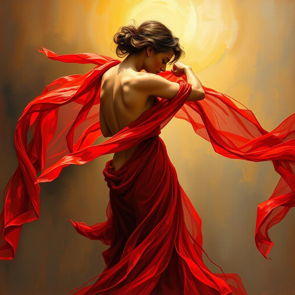 Sensual Dance in Red Fabric: Impressionistic Abstract
