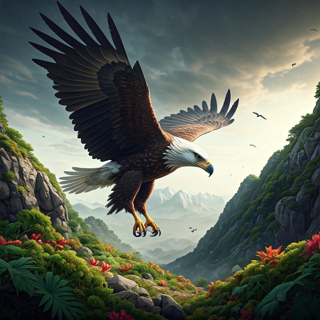 Eagle Hunting Rabbit in Mountainous Anime Landscape