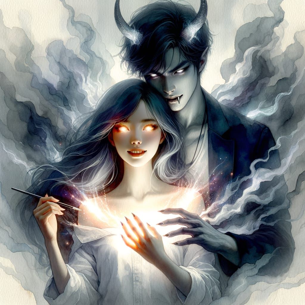 Gothic Watercolor: Woman, Vampire, and Fog Demon