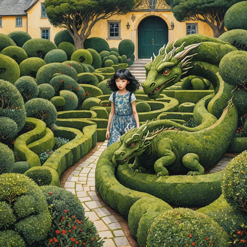 Dreamlike Garden Maze with Topiary Dragon in Watercolor Styl...