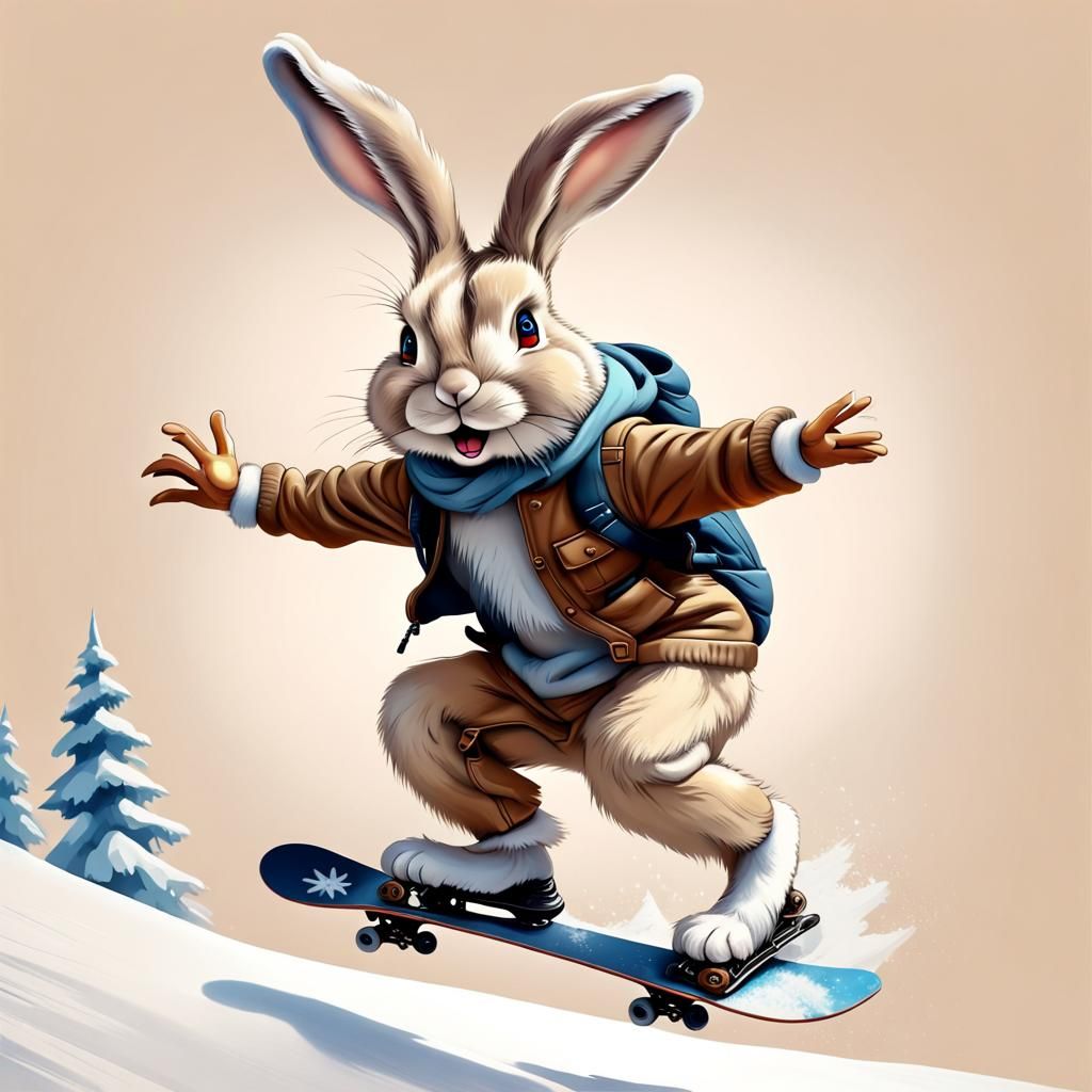 Rabbit Snowboarding in Cartoon 3D Airbrush Style