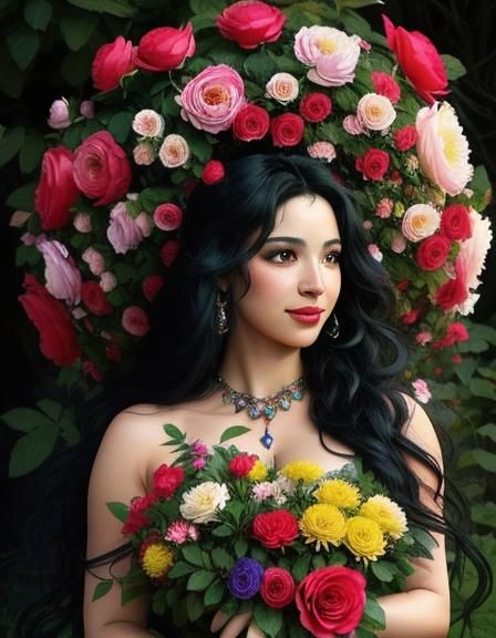 Aphrodite Silhouette in Flowers, Photo Realistic Portrait