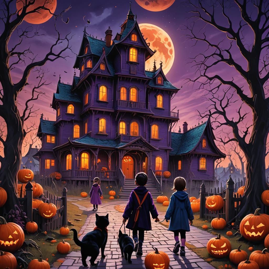 Haunted House Scene with Children and Black Cat