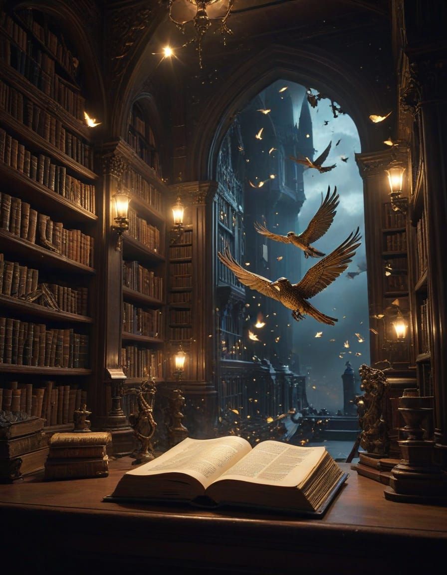 Gothic Library Dreamscape in Leather-bound Book
