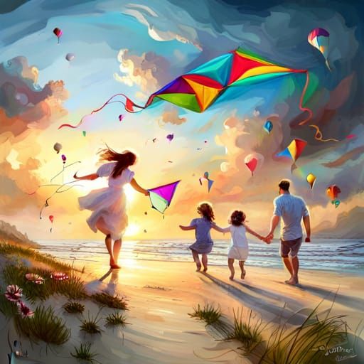 Family Kite Flying on Beach in Pastel Colors