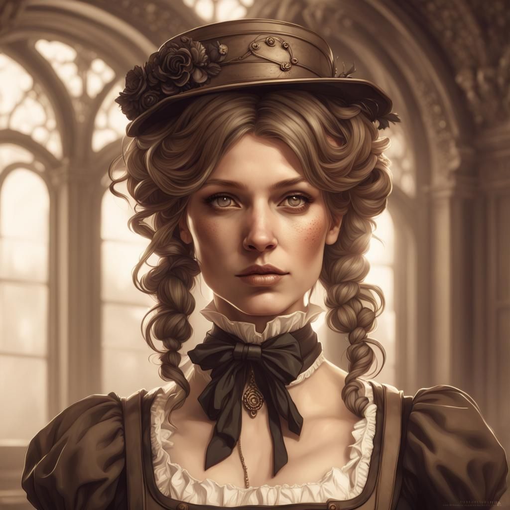 Steampunk Victorian Maid Portrait in Sepia Tones