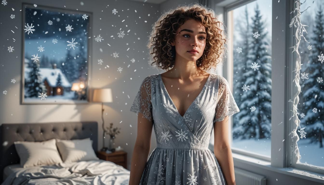 Young Woman in Cozy Bedroom: Vivid Digital Art
