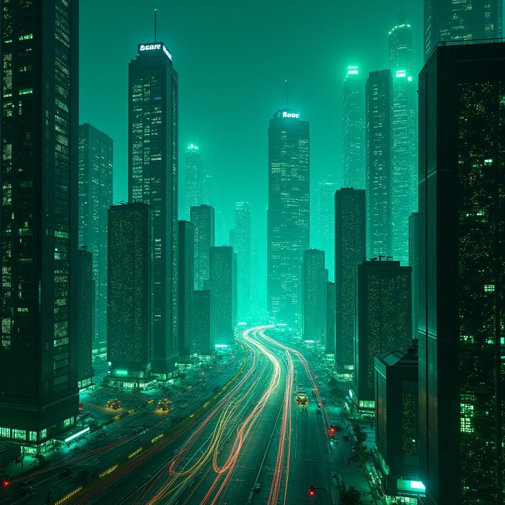 Futuristic Cityscape in Green and Blue Neon Lights