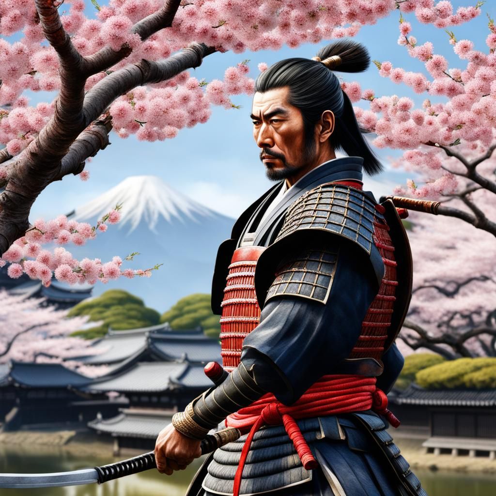 Samurai Contemplates Cherry Blossoms in Photorealistic Style