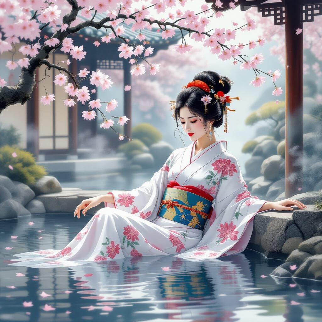 Courtesan in Bathhouse with Sumi-e Style