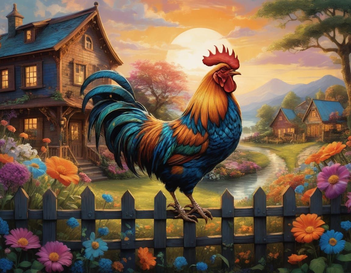 Vibrant Folk Art Village Scene