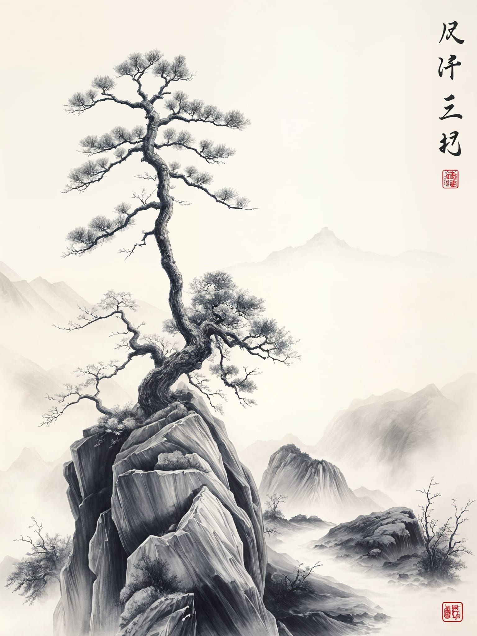 Zen Oriental Landscape in Chinese Ink Painting