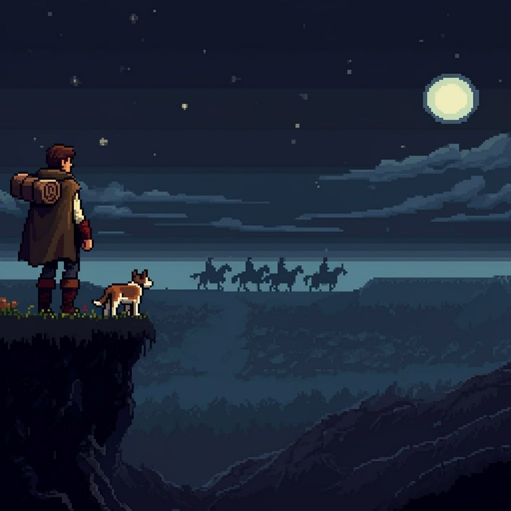 Pixel Art Adventurer Overlooking Horsemen at Night