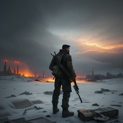 Epic War-Torn Cityscape with Russian Guerrilla Warrior
