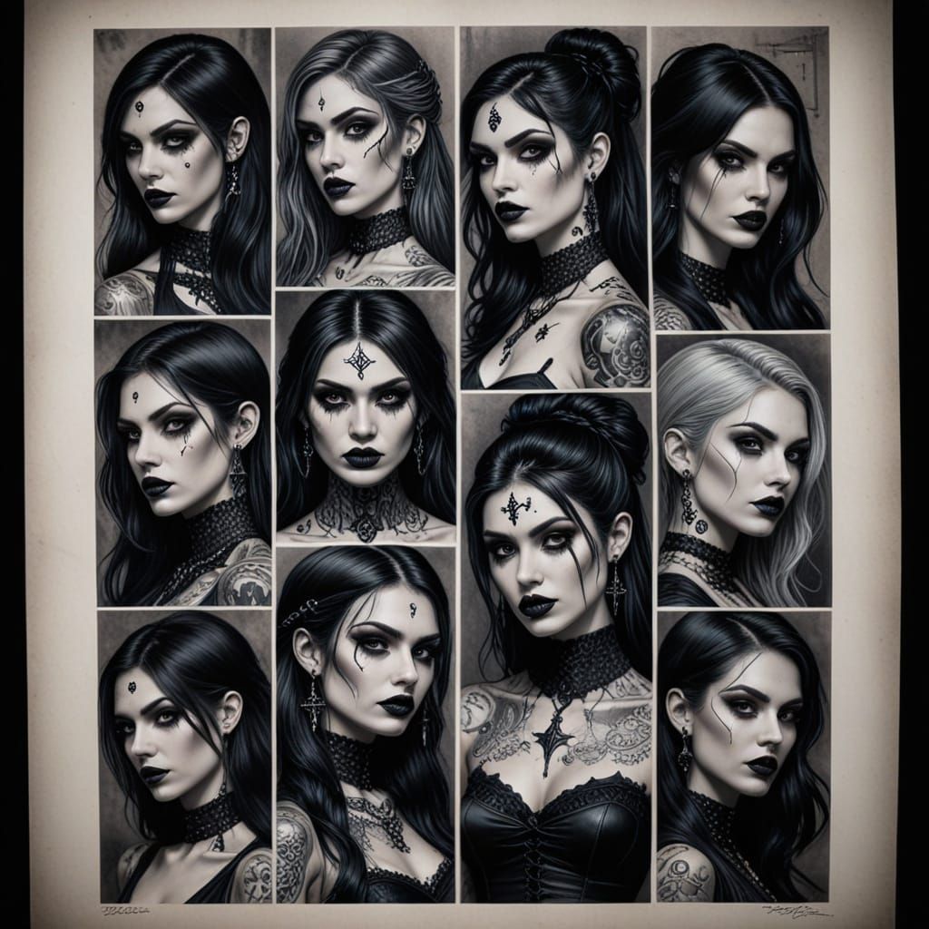 Goth Girl Tattoo Flash Sheet in Fine Line Style
