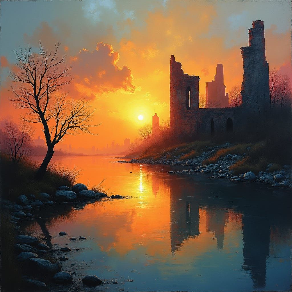 Surreal Ruined City Reflections in Gentle Sunset Light