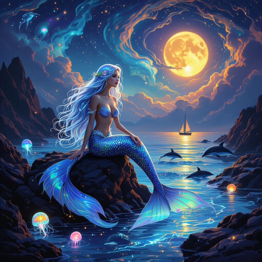 Mermaid on Rocks Under Enchanted Glowing Sky