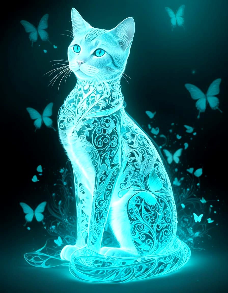 Ethereal Turquoise Cat with Filigree Pattern