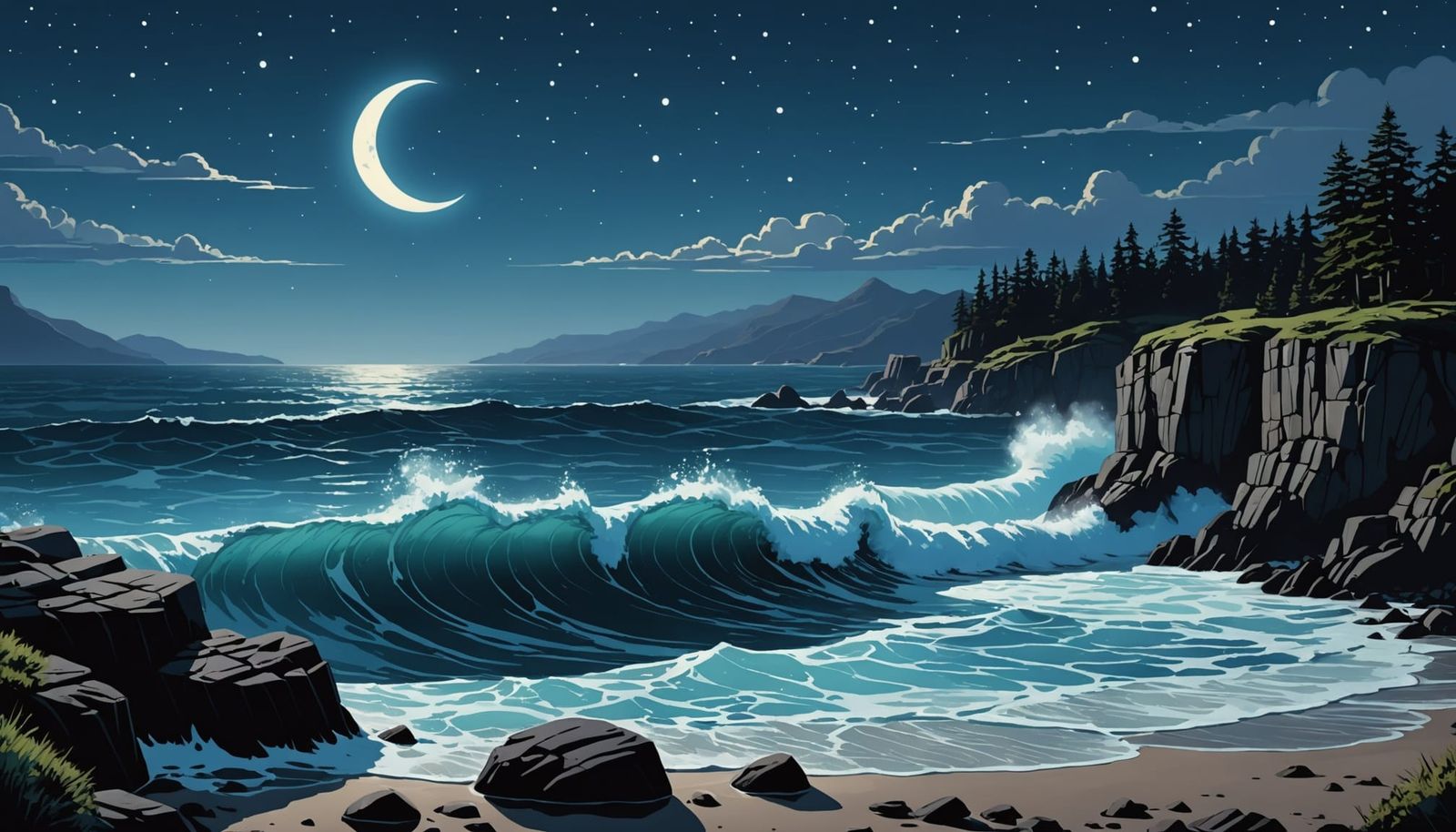 Bioluminescent Waves Under Starry Sky