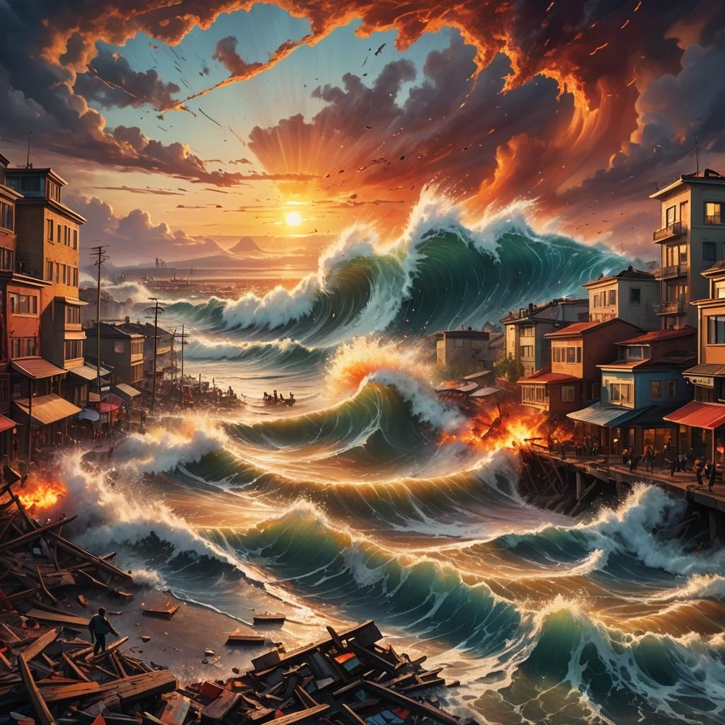 Tsunami Wave Over Cityscape: Disaster Concept Art