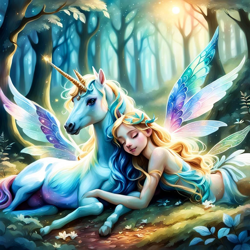Fairy and Unicorn in Forest: Watercolor Fantasy Art