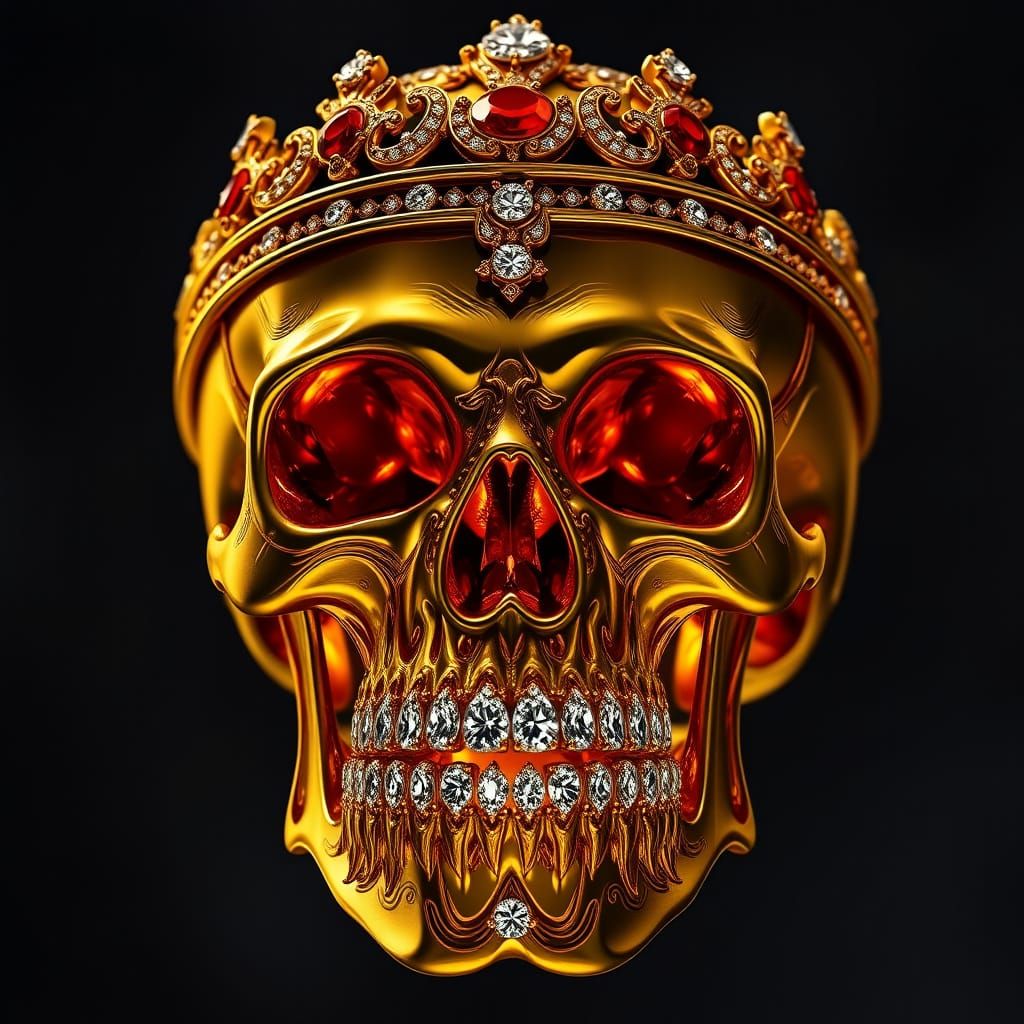24kt Gold Skull with Regal Crown and Ruby Eyes in Hyper-Real...