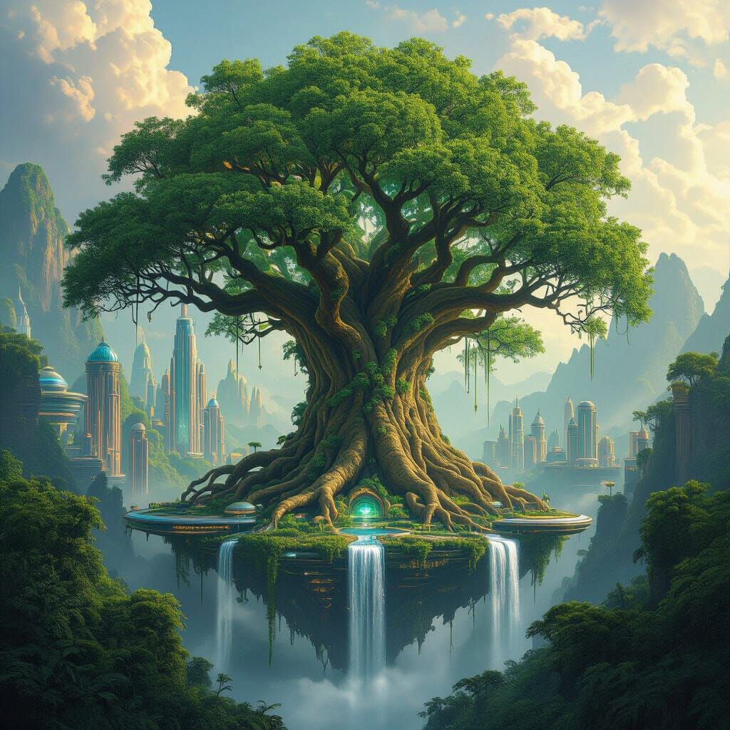 Ancient Tree Meets Future City in Maximalist Style