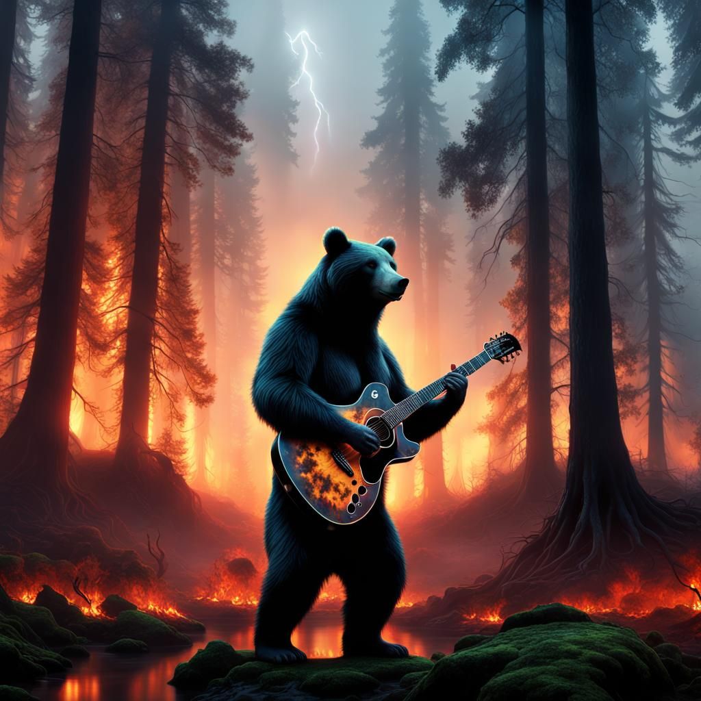 Bear Silhouette Guitar in Forest with Fractal Lightning