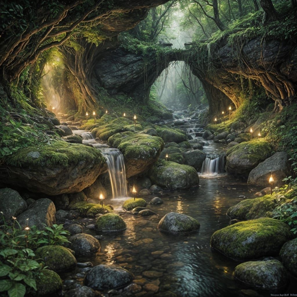 Magical Grotto with Glowing Stream and Fireflies