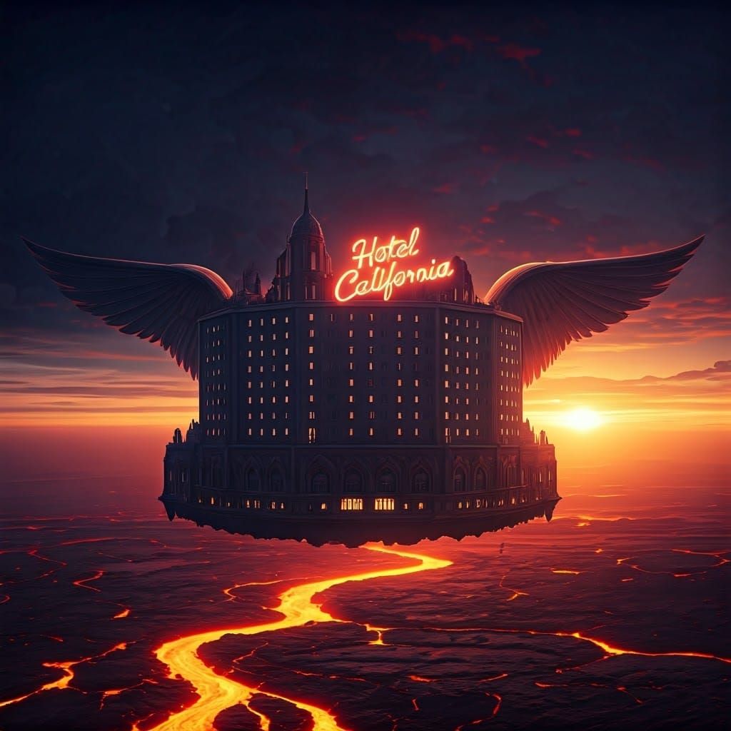 Hotel California Soars Over Volcanic Wasteland in Cyberpunk....