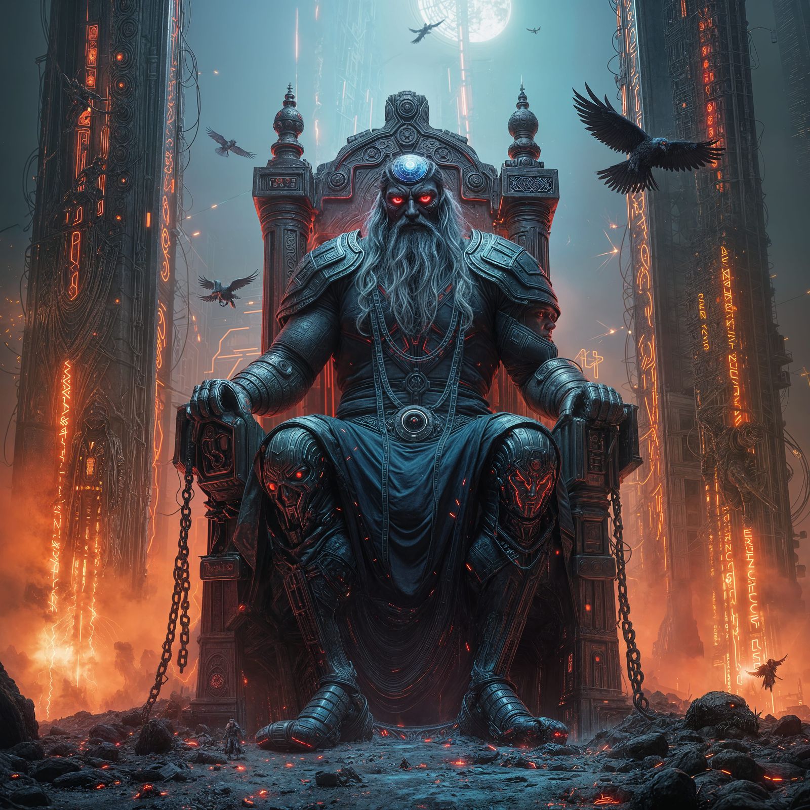 Cyberpunk Odin Trapped in Digital Helheim