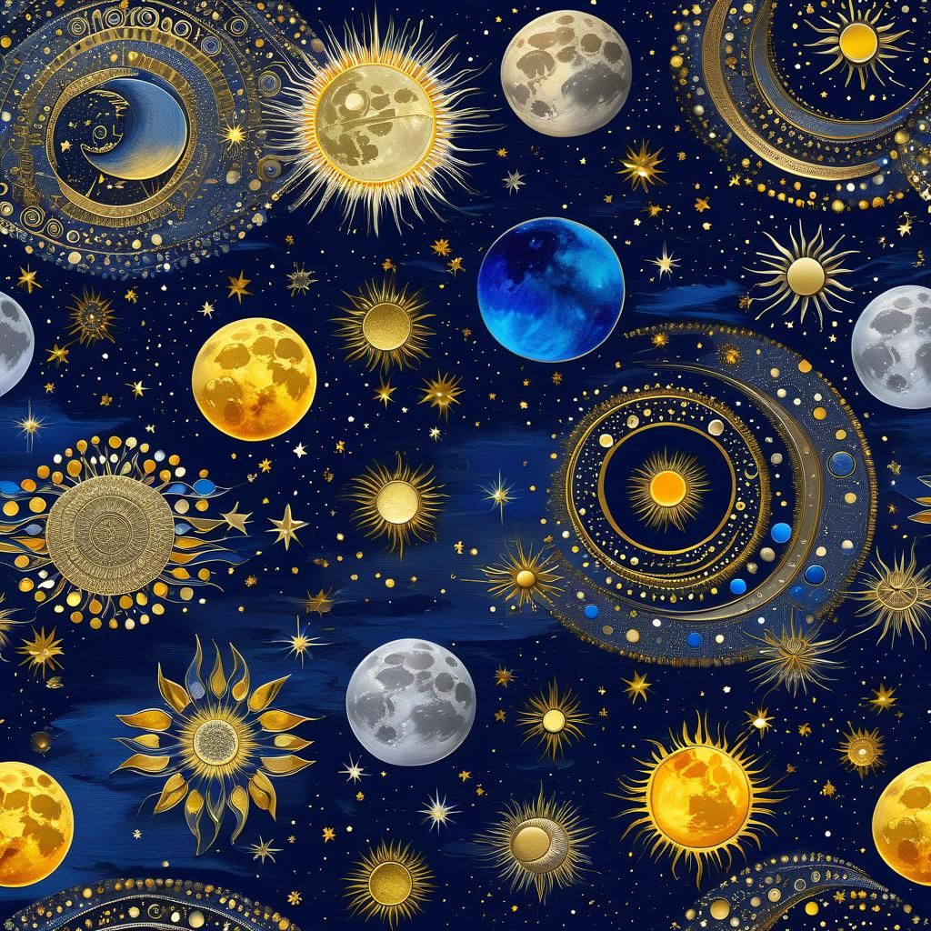 Vibrant Moons and Suns in Blues, Silver and Gold
