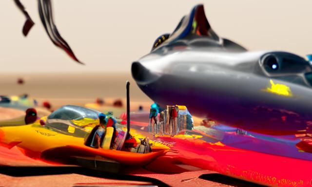 Dog and Penguin Ride a Camel in Cyberpunk Style