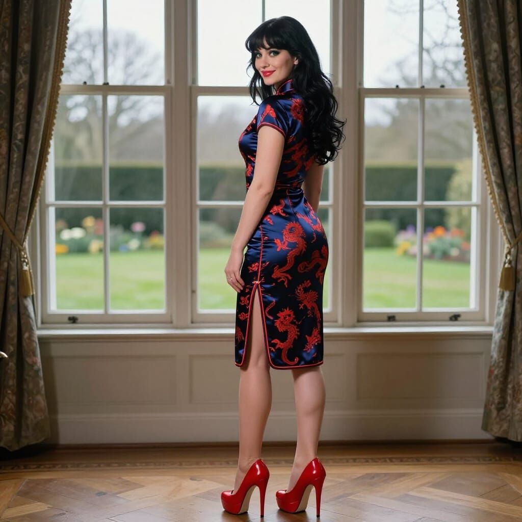 Woman in Blue Dragon Cheongsam in Winter Garden