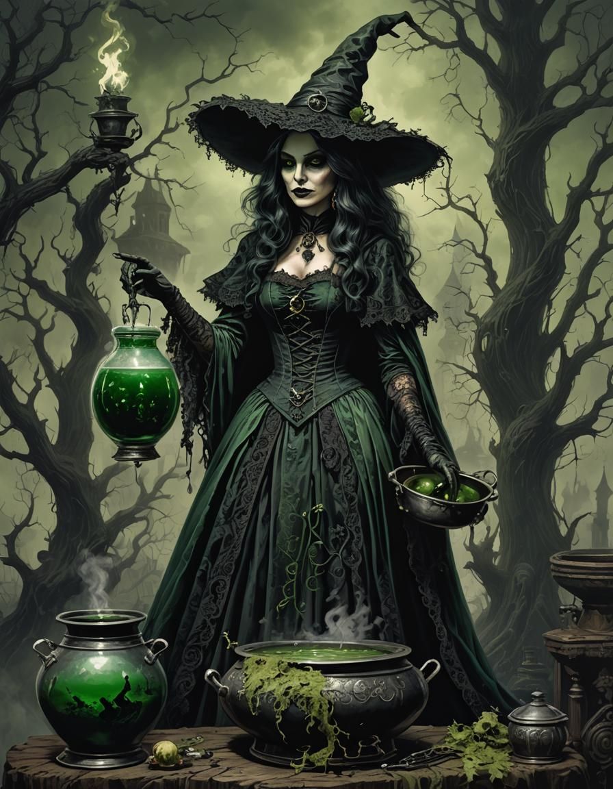 Gothic Victorian Witch with Poison Potion