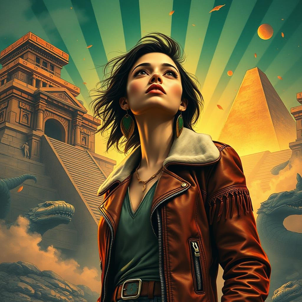 South Asian Woman Discovering Jade Obelisk in Ukiyo-e Style