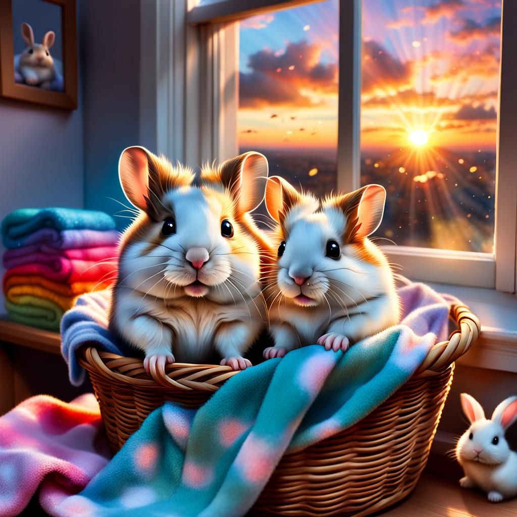 Hamster and Bunny in Sunset Lit Basket