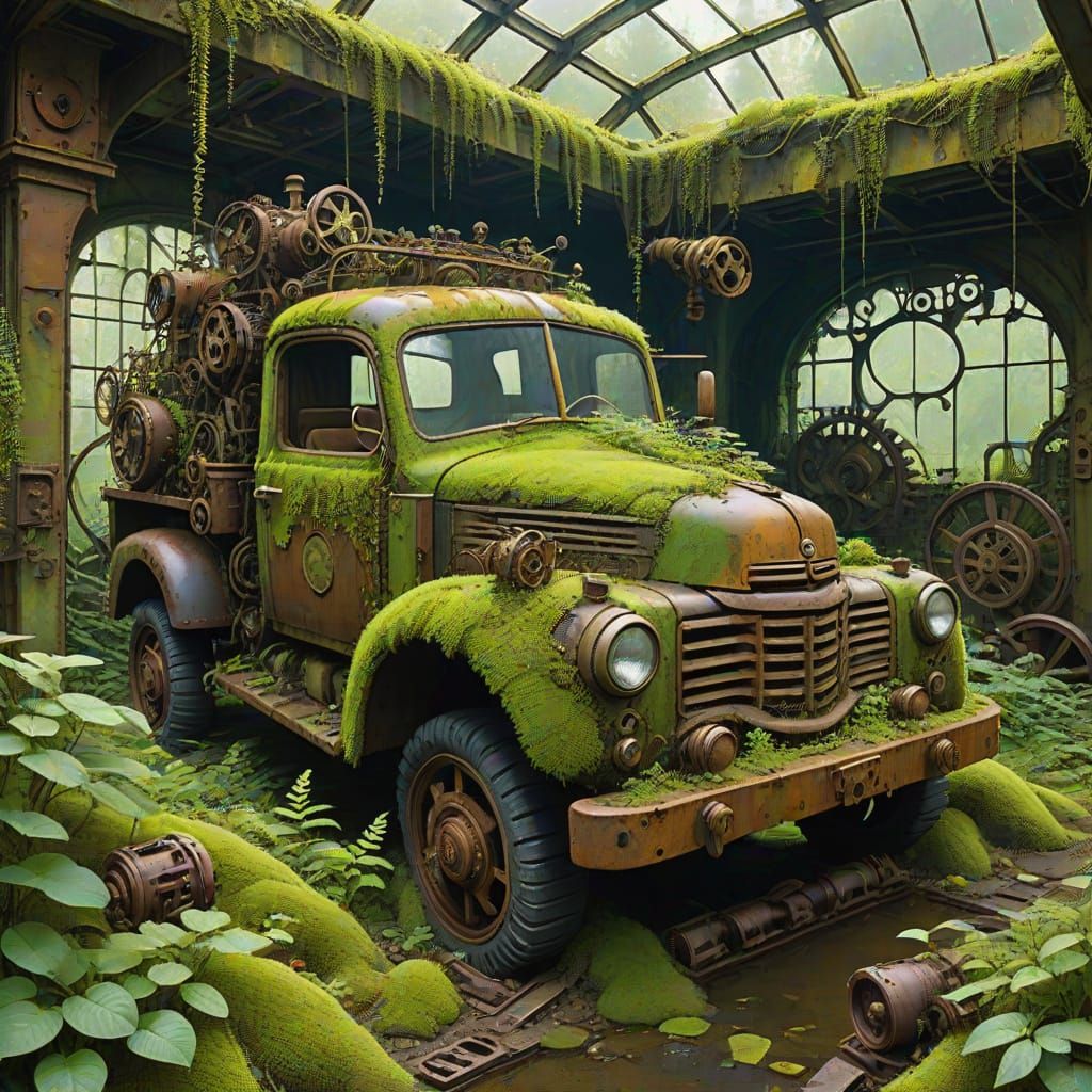 Abandoned Clockwork Garden with Rusted Truck