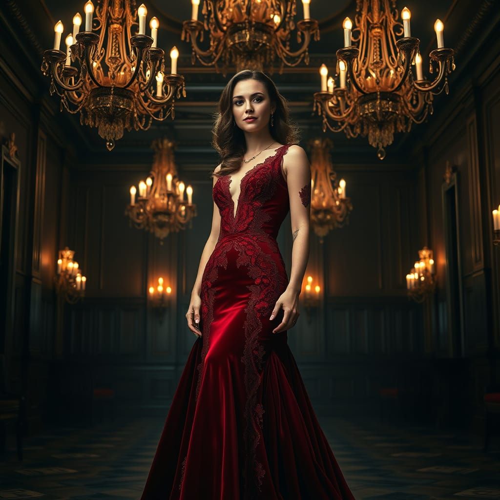 Elegant Lady in Crimson Velvet Gown in Renaissance-Inspired ...