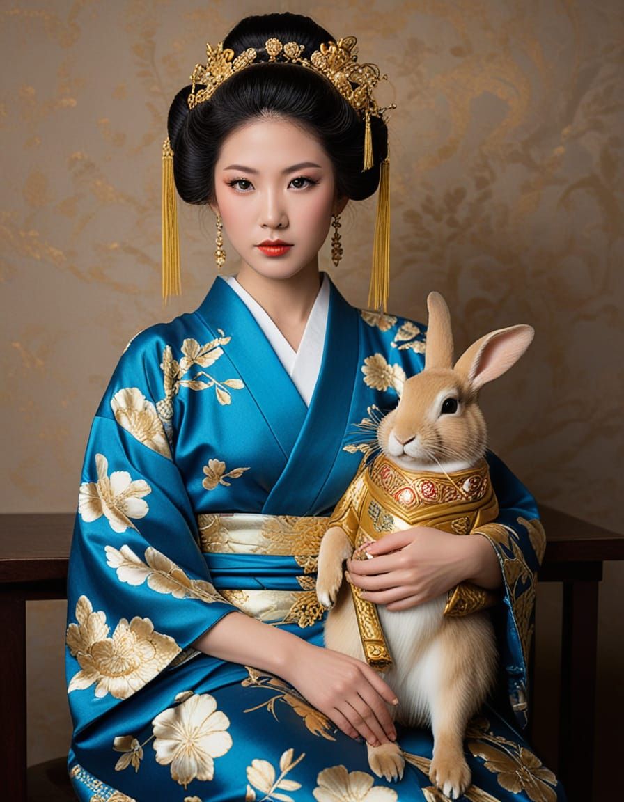 Japanese Geisha with Golden Rabbit in Elegant Blue Kimono