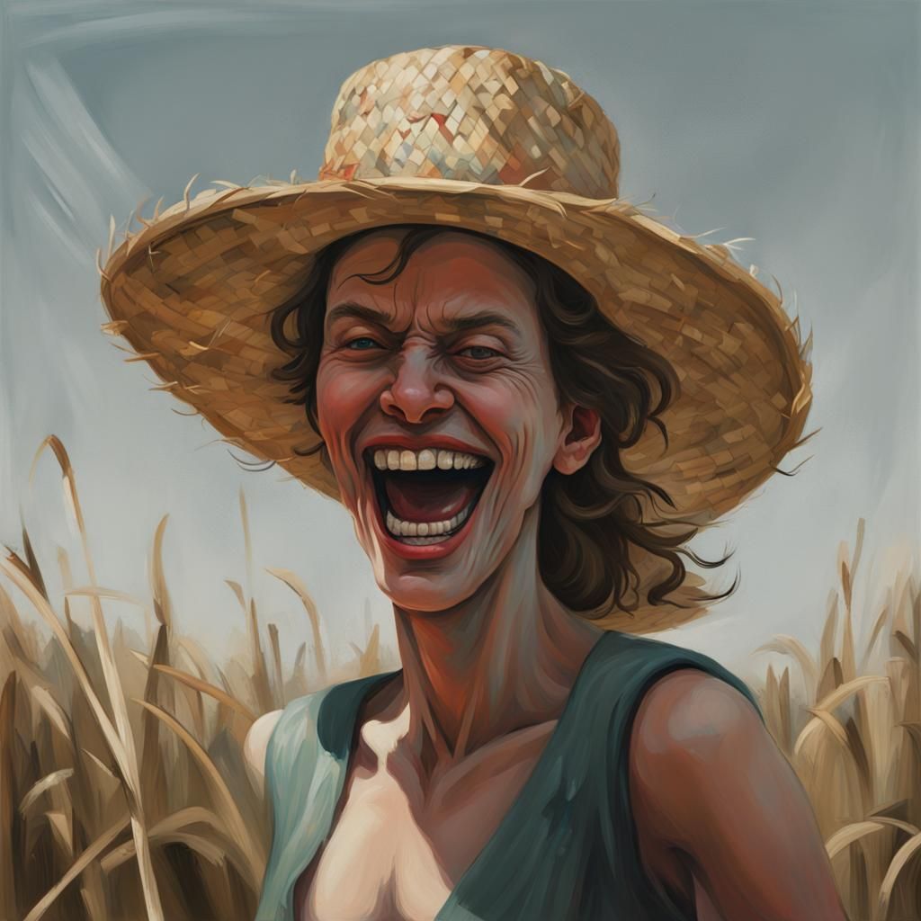 A painting of a Woman wearing a straw hat, evil crazy laugh,...