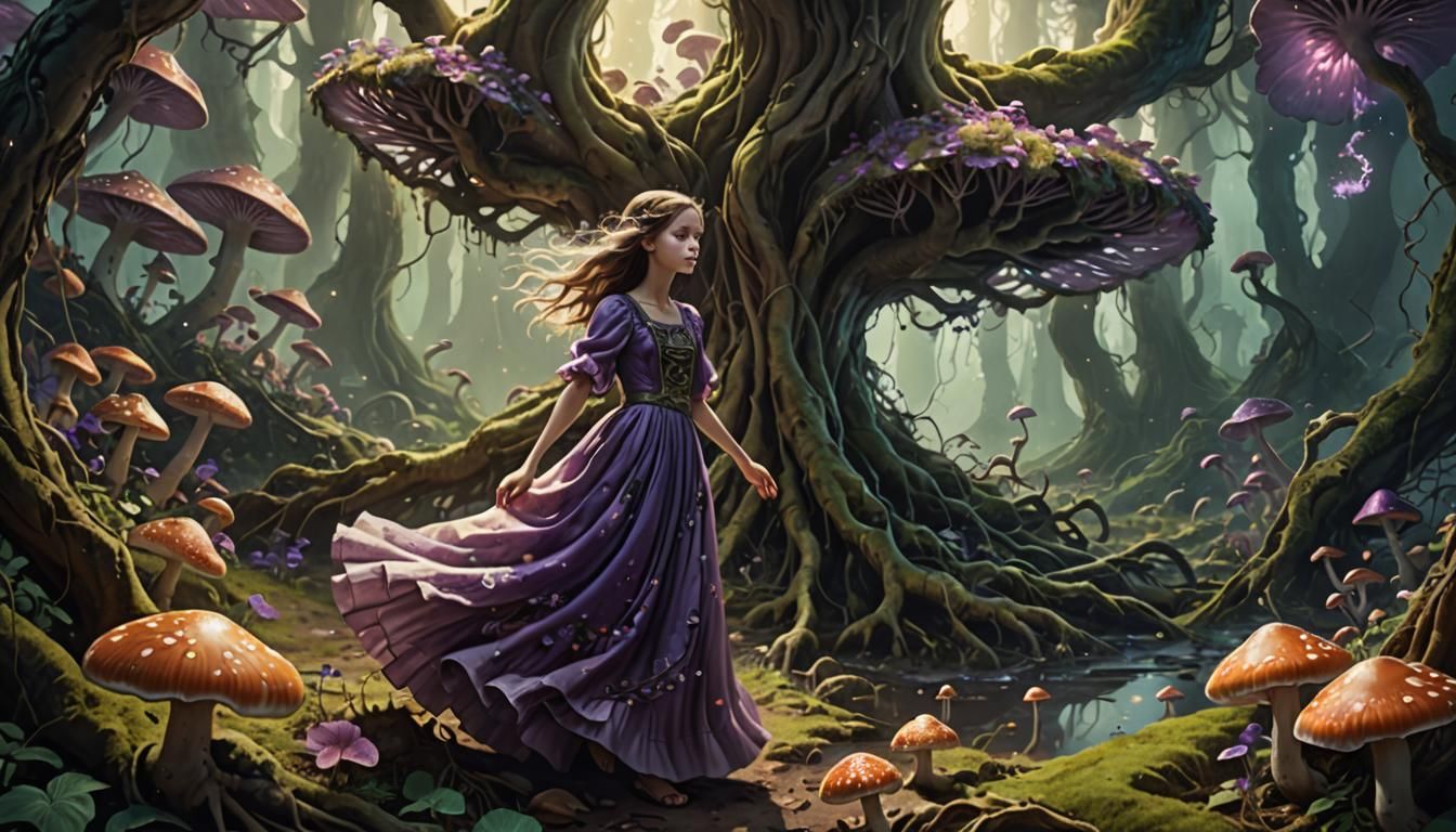 Girl Falls into Bioluminescent Hole: Fantasy Concept Art